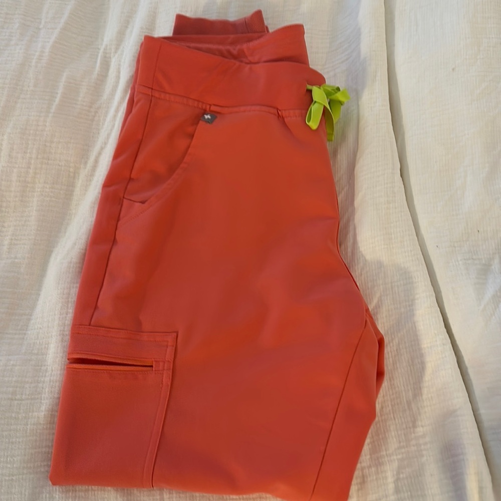 Figs Women's Scrub Pants in Orange with Green Accent Medium